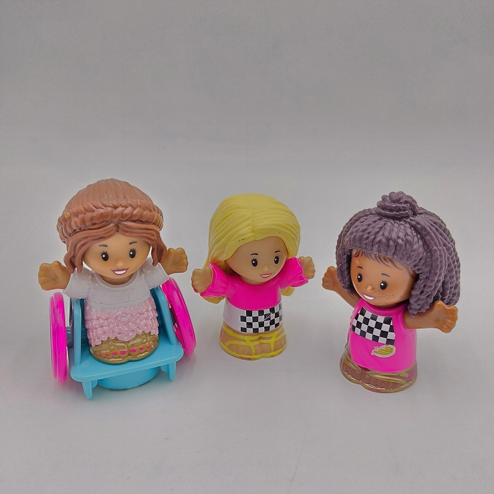 Fisher Price Little People Barbie Figures Lot 3 Girls Wheelchair Pink Checkered